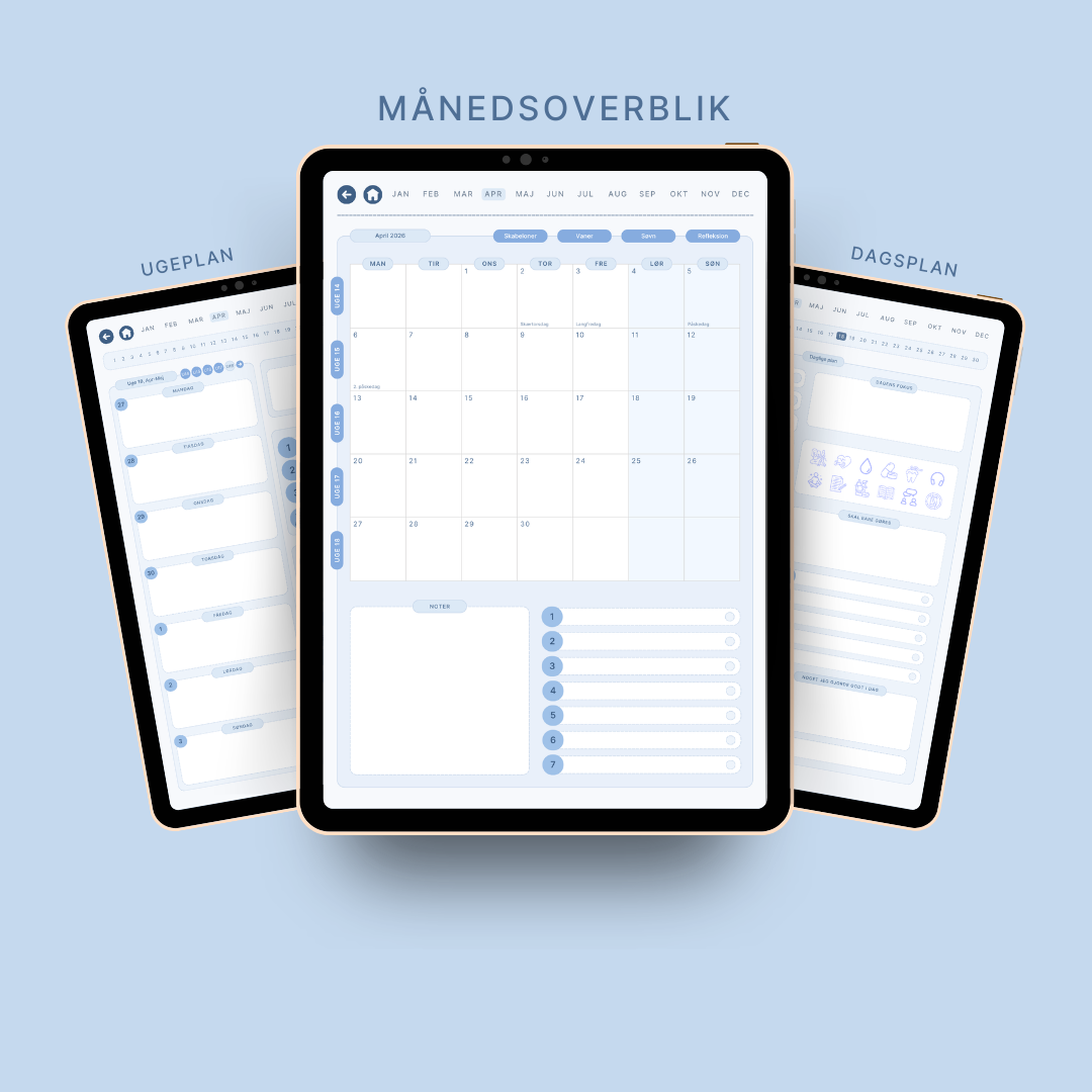 ADHD planlægger månedsoverblik, ugeside og dagside vist på iPad