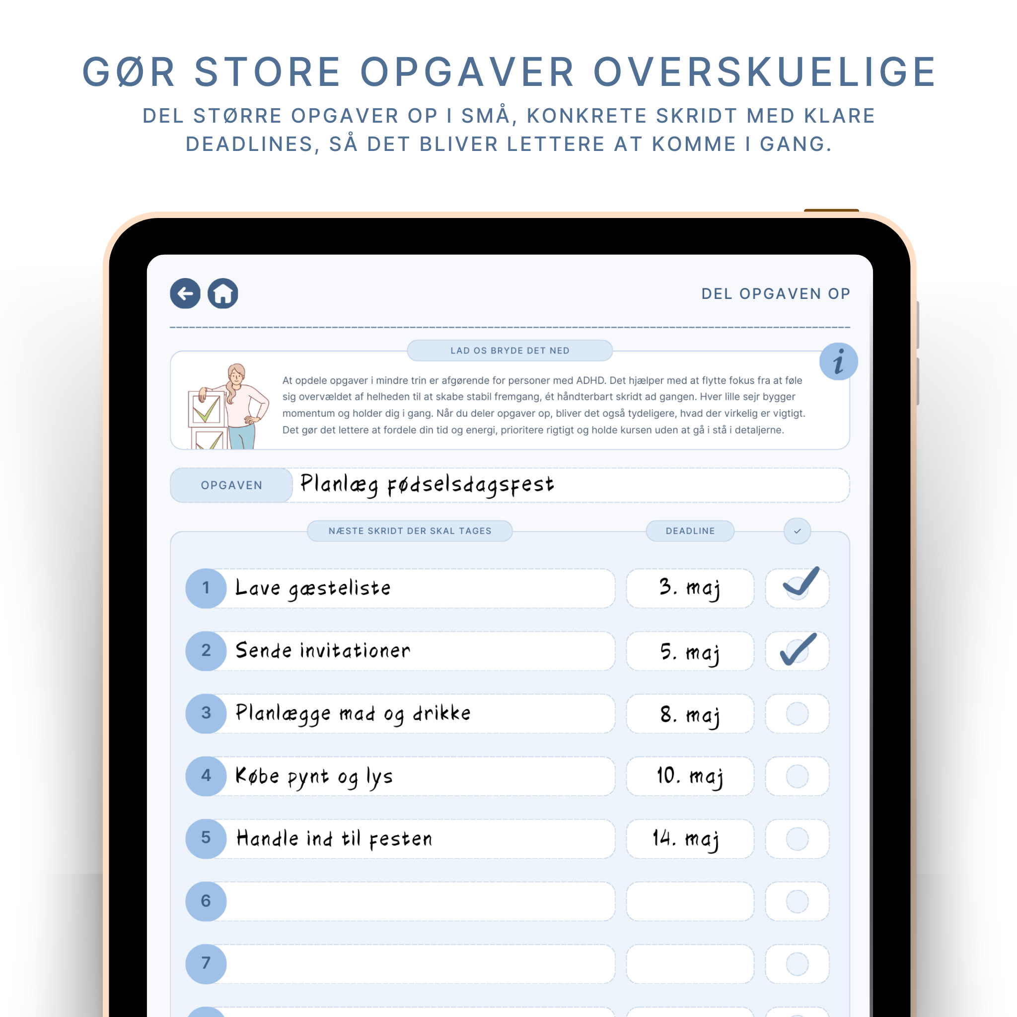 ADHD planlægger opgaveopdeling – del store opgaver op i små konkrete skridt