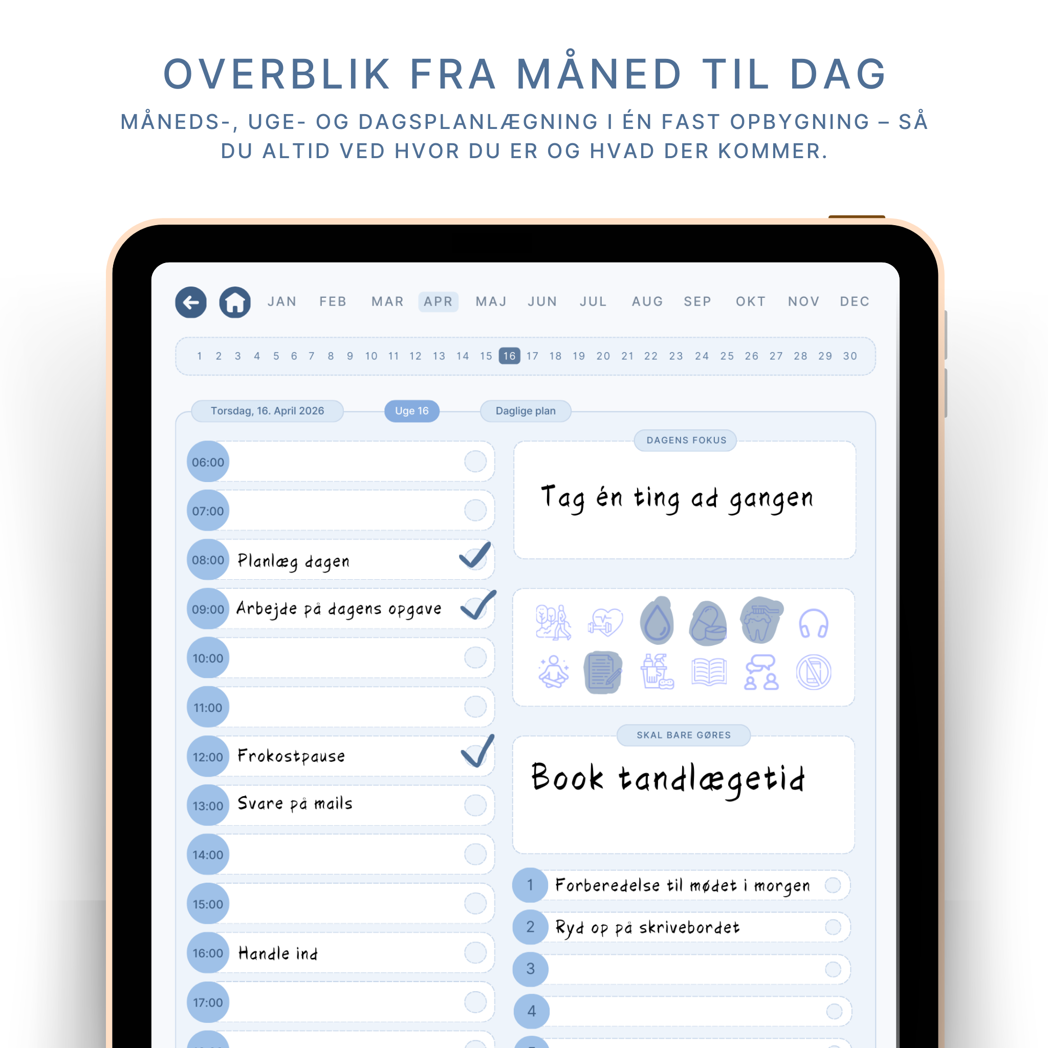 ADHD planlægger dagsplan med tidsoversigt og dagens fokus vist på iPad