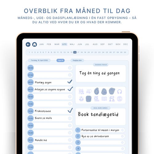 ADHD planlægger dagsplan med tidsoversigt og dagens fokus vist på iPad