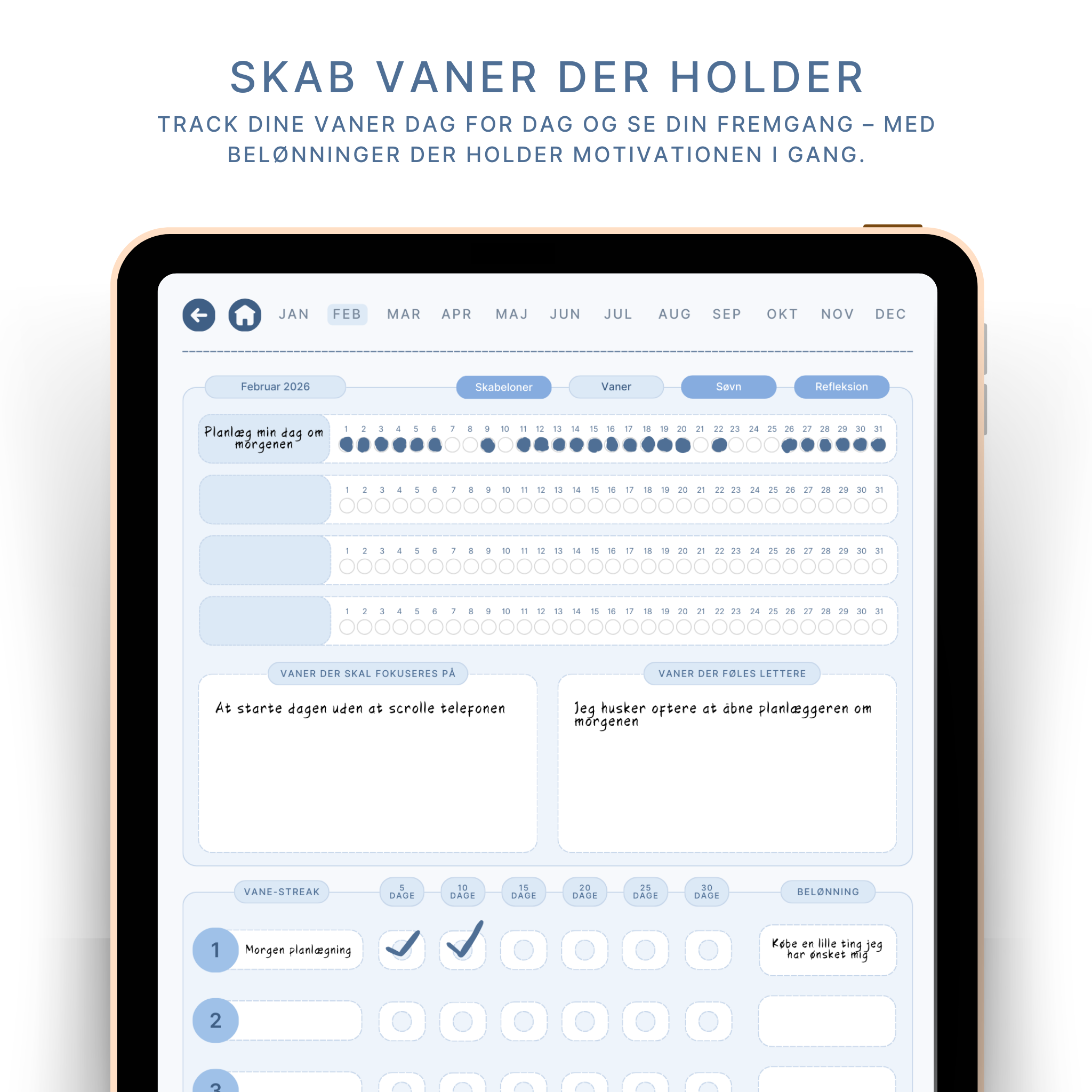 ADHD planlægger vane tracker med streak og belønninger vist på iPad